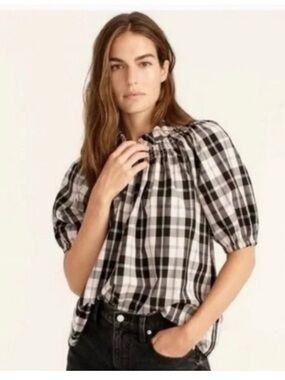 J. Crew Plaid Gingham Smocked Puff-Sleeve Blouse Top - Cotton